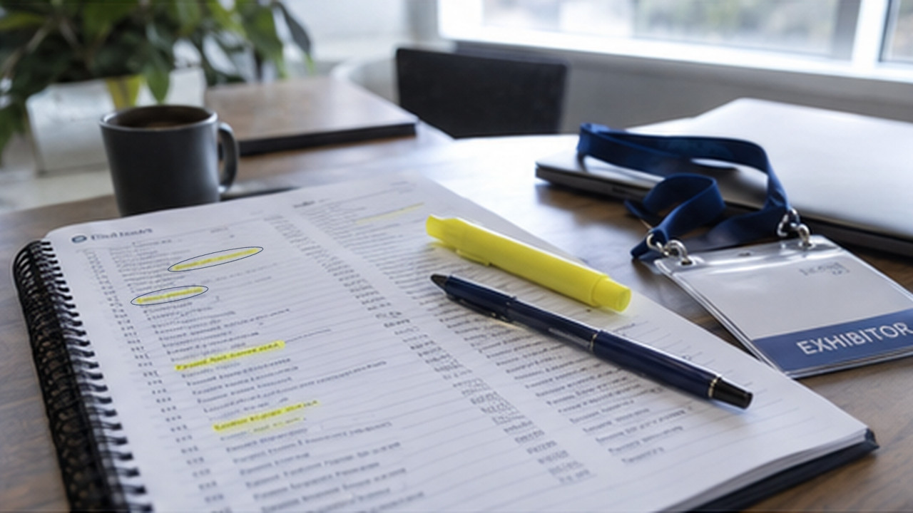 A printed exhibitor list on a table with handwritten notes and highlighted company names.