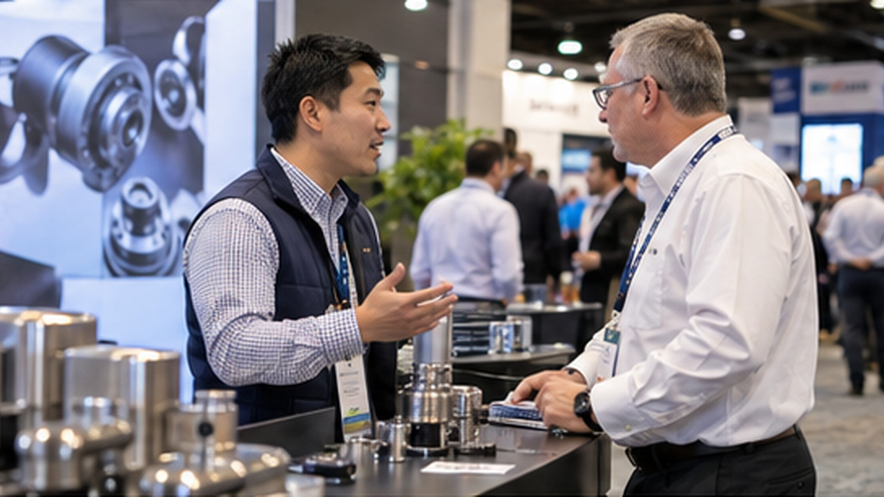 Two people talking at an exhibitor booth on a busy trade-show floor.